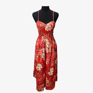 Y2K Boho Floral Wide Leg Jumpsuit Red Orange Summer Romper | XS